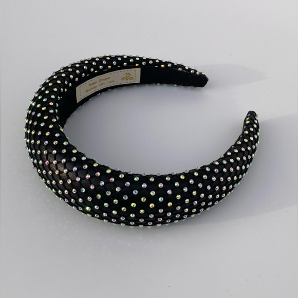 Black Padded 1.5” Headband with Rhinestone-Adorned Mesh Overlay Handmade - Picture 1 of 10
